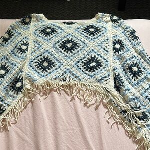 Fringed Crochet Sweater - Cream and Blue